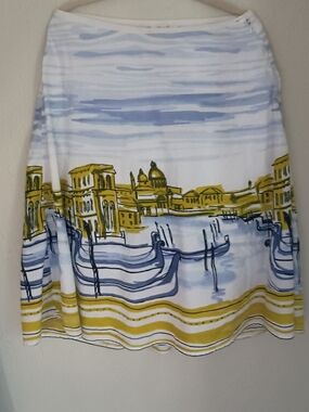 JM Collection Scenic A-Line Skirt in White, Blue & Gold